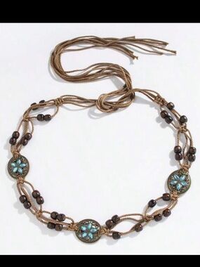 1pc Women's Bohemian Style Woven Wooden Bead Elegant Knotted Waist Belt